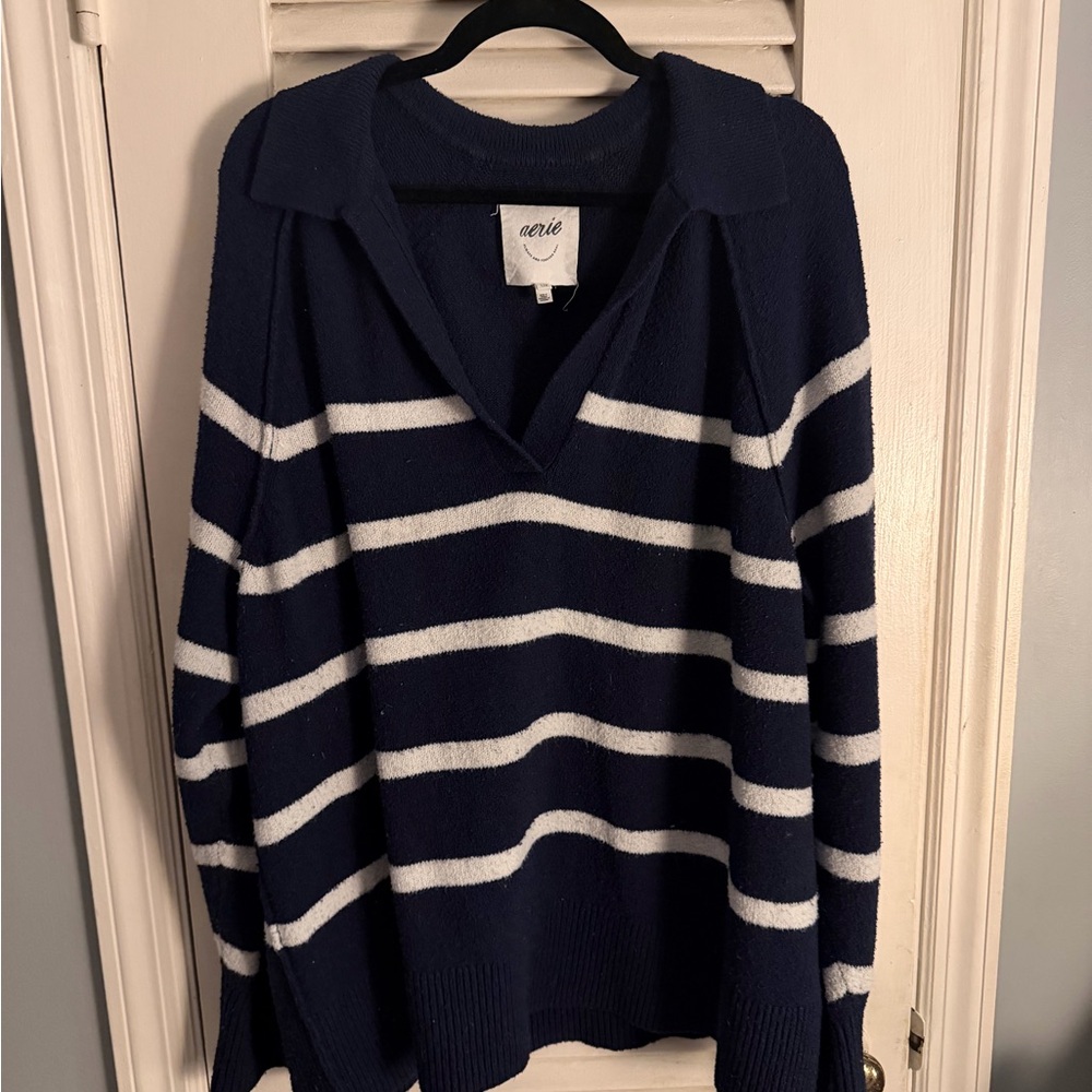 Aerie Navy and White Striped V-Neck Sweater